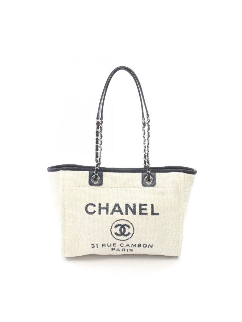 Chanel Tote Bag Deauville White Navy Leather Chain MM